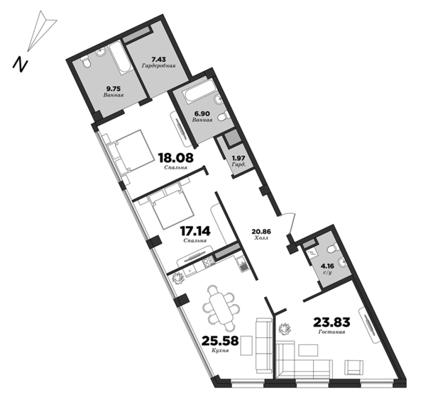 Esper Club, 3 спальни, 135.7 м² | планировка элитных квартир Санкт-Петербурга | М16